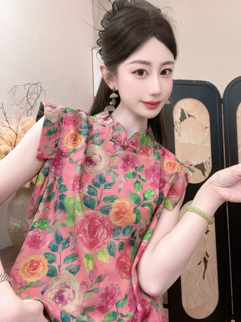 【月季海】2025夏季新款百搭碎花显瘦新中式短袖女日常时尚