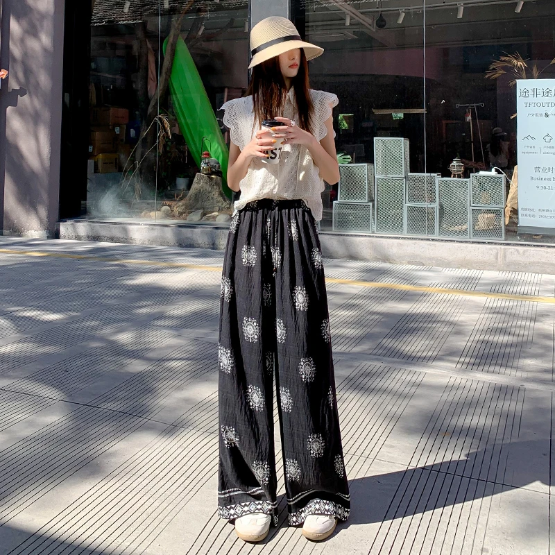 2025夏季波西米亚新款时尚复古度假风印花休闲薄款长裤女