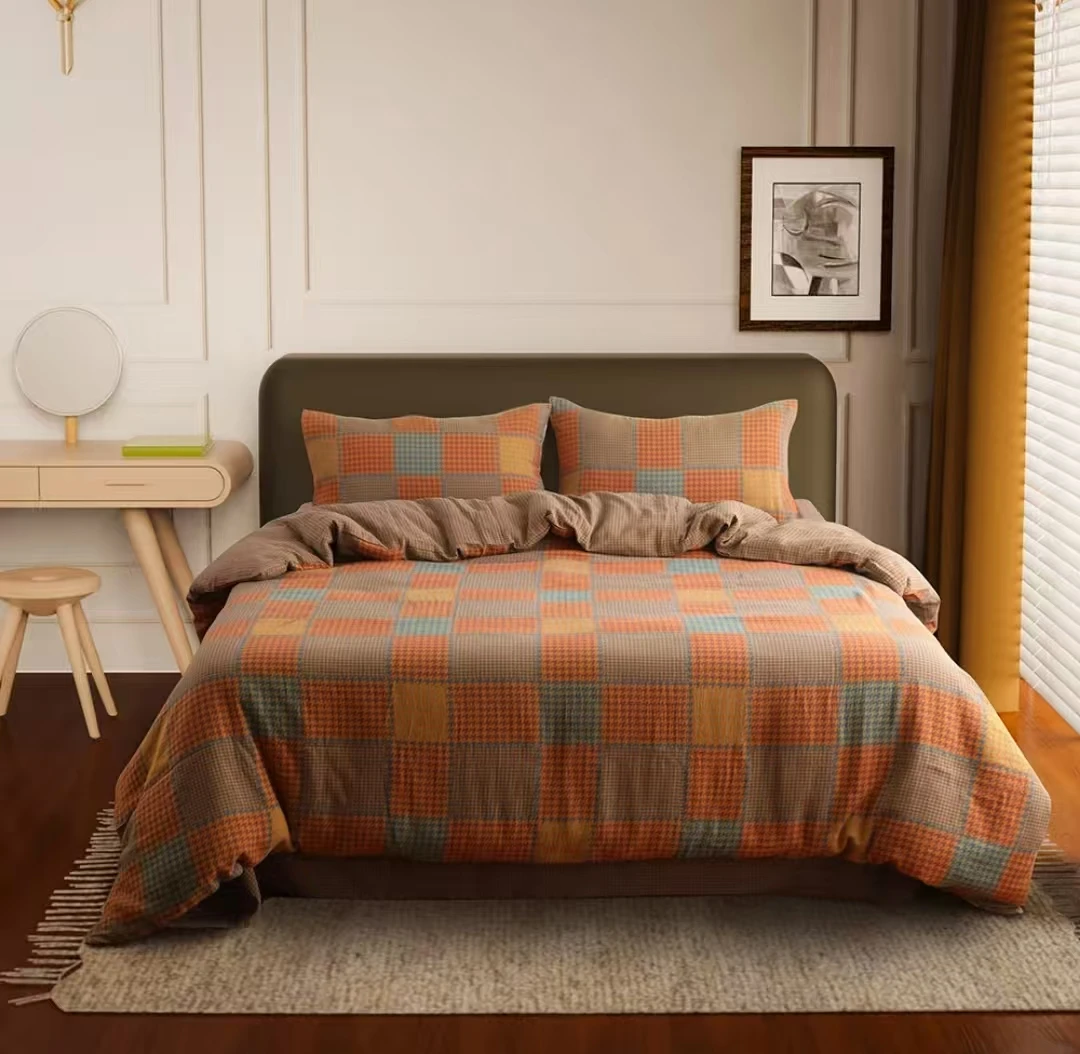 【千鸟格】全棉色织高密加厚双层纱四件套纯棉婴幼儿精梳纱床品