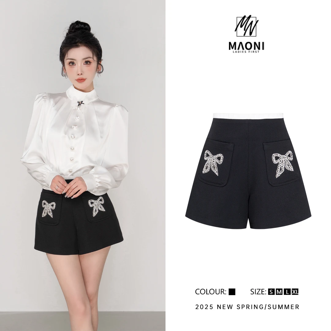毛妮Peshe【蝴蝶结短裤】拼接重工水钻直筒显瘦休闲裤2025春L1236