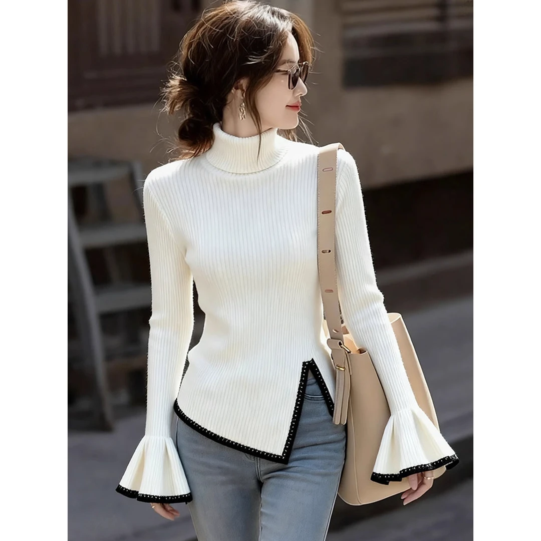 白色高领毛衣女早秋氛围感高级感时尚气质小香风巨好看针织衫上衣