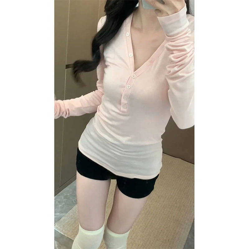 纯欲v领正肩长袖T恤女春秋季y2k千禧辣妹风修身显瘦内搭打底上衣