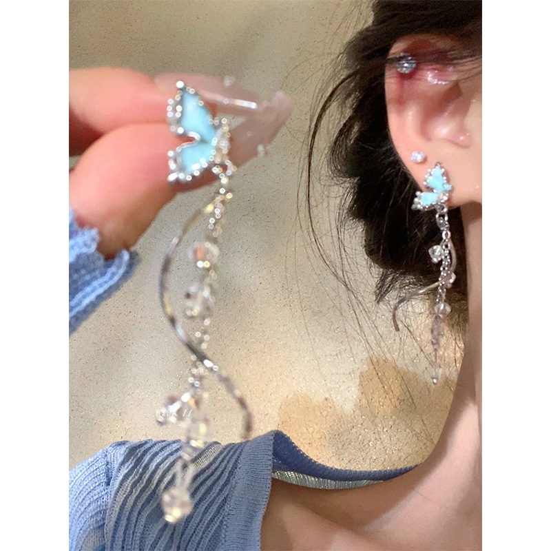 铜合金合成锆石耳饰 气质蝴蝶流苏耳钉女小众独特耳环2025新款
