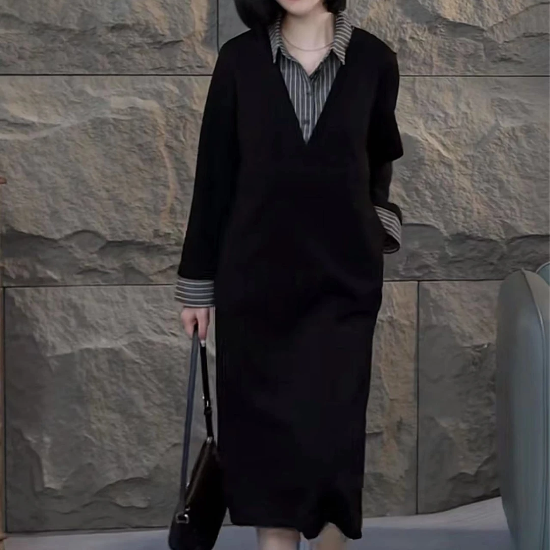 假两件垂坠感连衣裙Polo领条纹拼接宽松休闲裙子3606