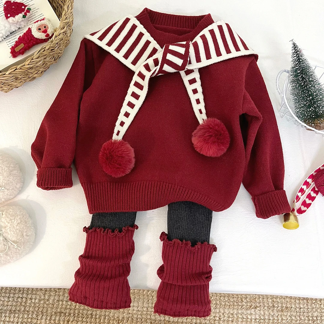 【爱玛丽】女童秋冬连帽针织毛衣ins套装女宝洋气上衣打底裤X50055