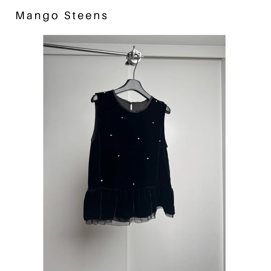 MANGO steen‘s丨真丝丝绒荷叶边钉珠蕾丝背心I6350