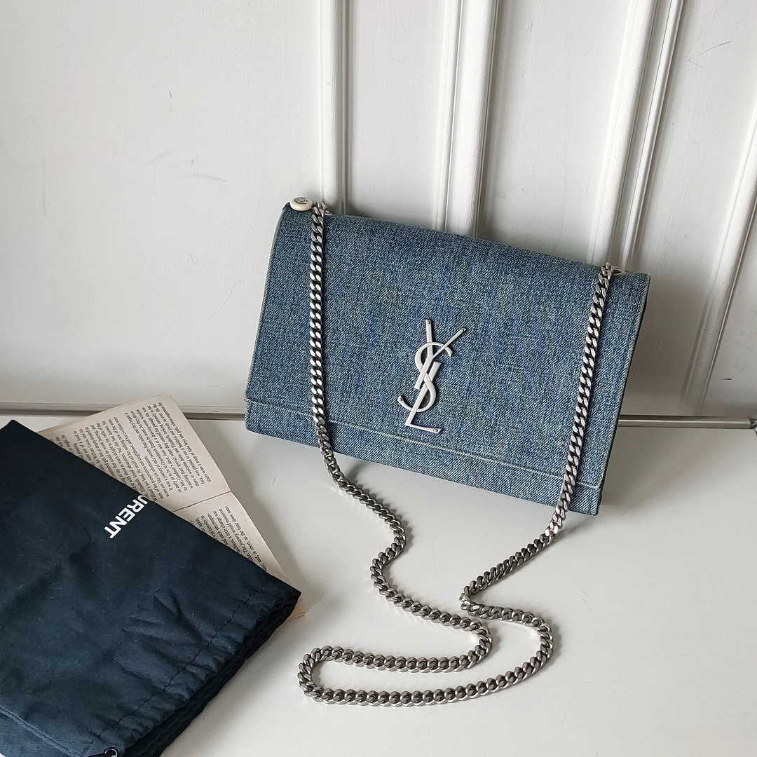 95新 YSL/圣罗兰 Azul - 蓝色牛仔kate中号单肩链条包 46771
