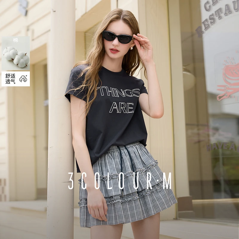三彩2025夏季新款字母刺绣T恤圆领正肩短袖上衣套头衫休闲M