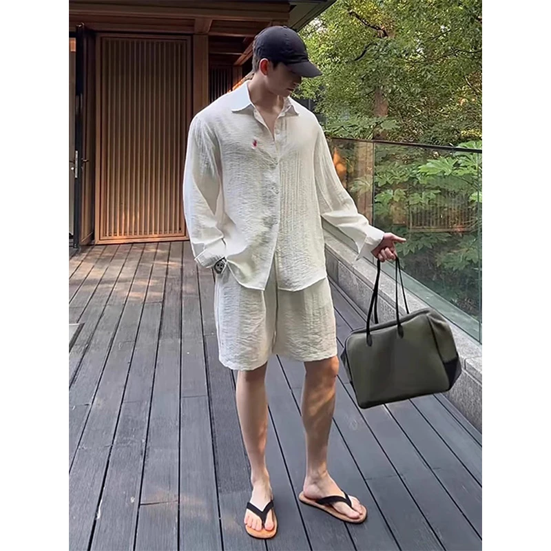 老钱风刺绣衬衫短裤两件套男士夏季小马标长袖宽松慵懒垂质感衬衣