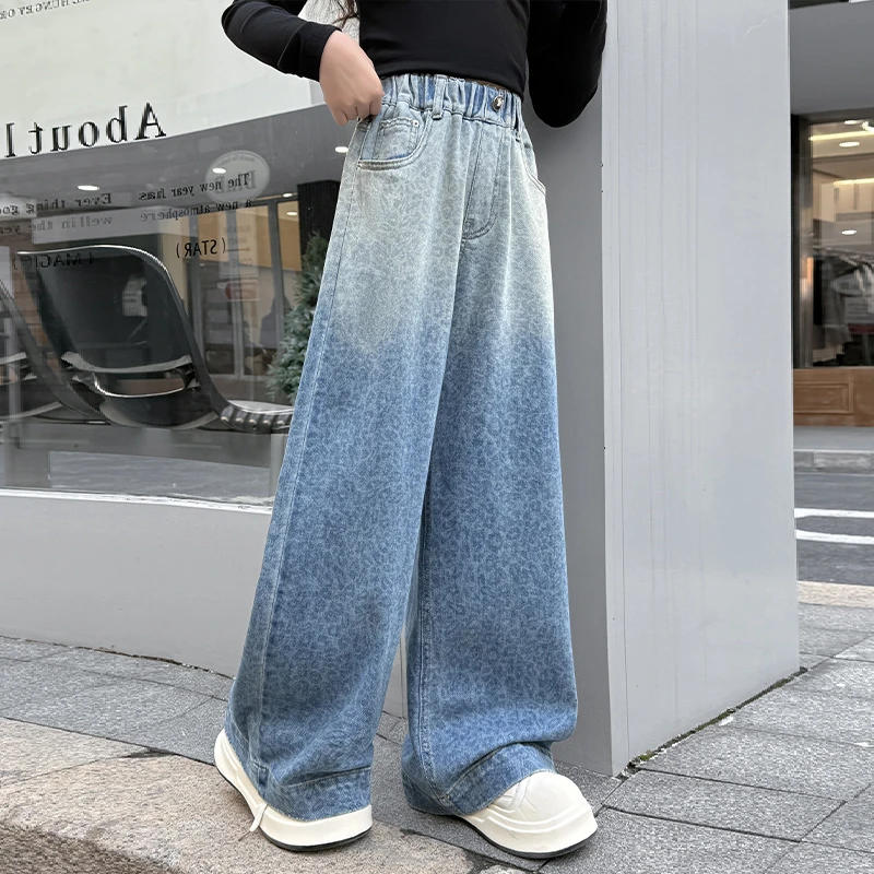 女童春季牛仔裤2025新款洋气时尚渐变阔腿裤6-12岁中大童春款裤子
