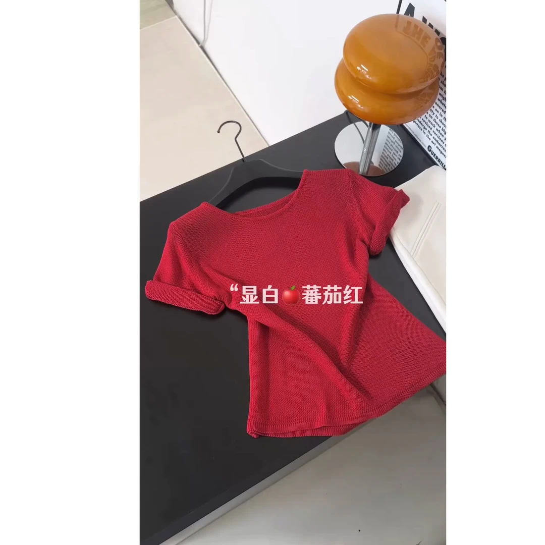 韩系红色显白短袖t恤女装2025夏季新款休闲简约百搭圆领针织上衣