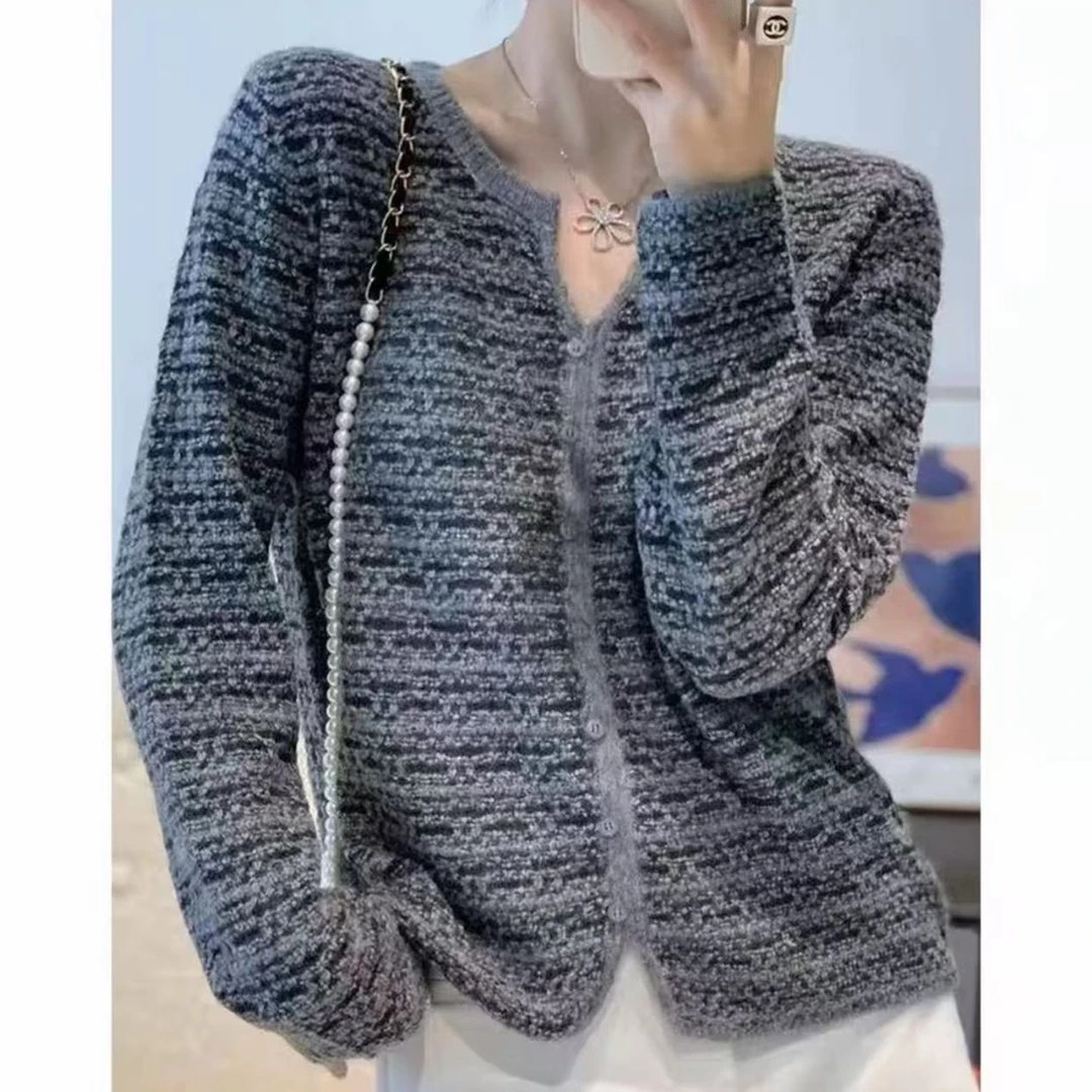 密林灰V领假开衫女士针织衫 1360