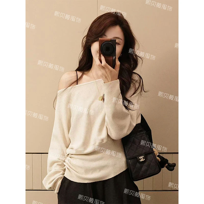 熙贝薇5 新款羊毛上衣腰间打褶遮肉显瘦针织衫掐腰露肩毛衣 G5301