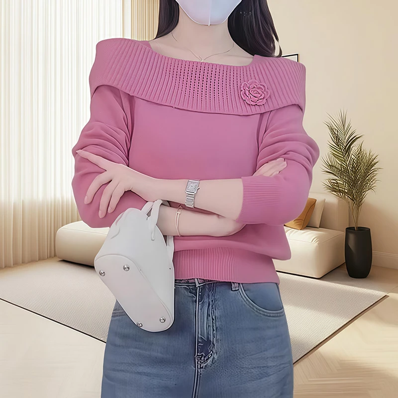 小香风立体花朵一字肩针织衫抗起球女秋季毛衣法式洋气减龄上衣女