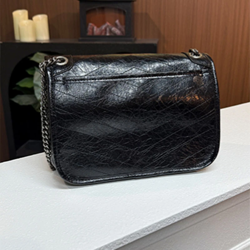 潮流时尚流浪包单肩斜挎包爆裂纹链条hobo腋下包女包-黑