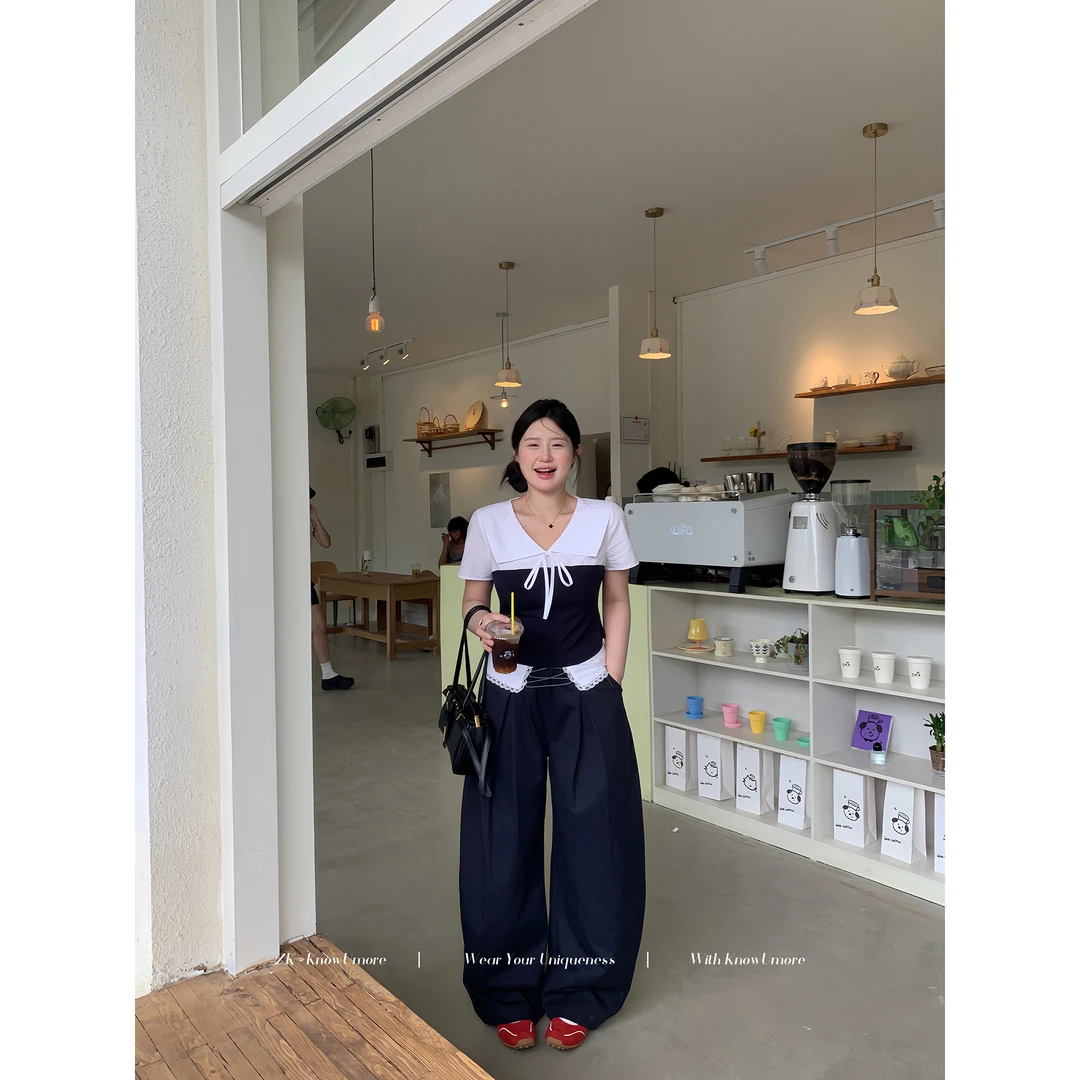 知葵微胖定制【半岛弥香】夏季韩版三件套上衣高腰阔腿裤XXK8187