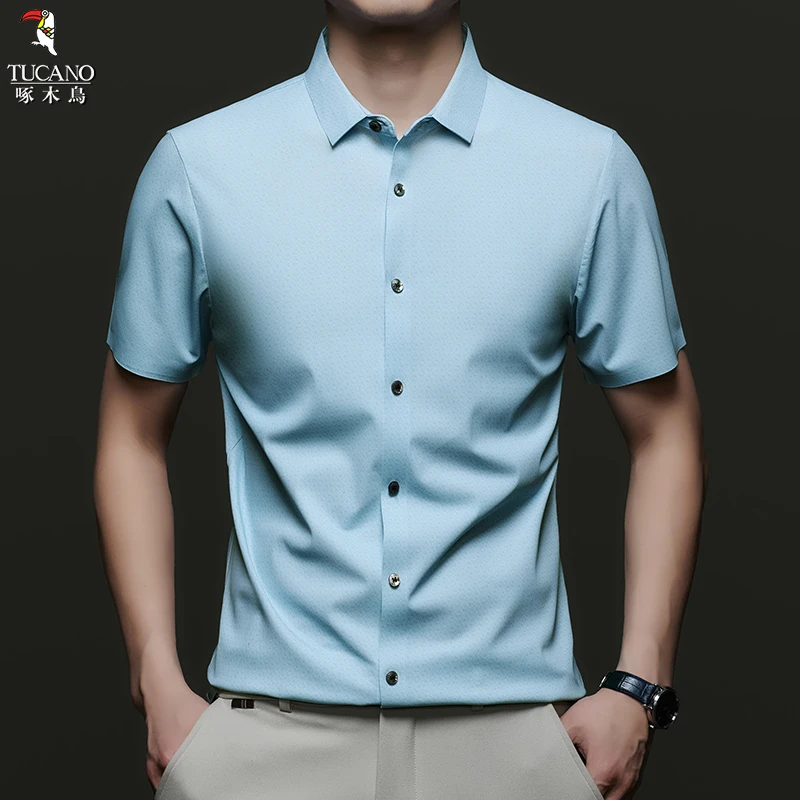 啄木鸟新款春夏短袖衬衫纯色气质时髦优雅男士上衣短袖衬衫