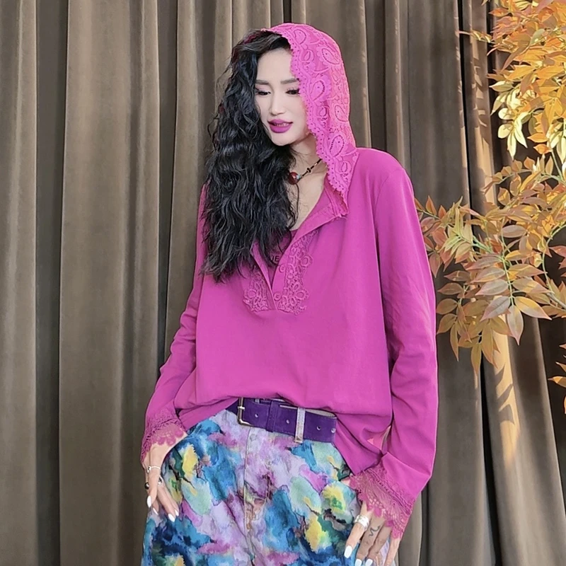 连帽蕾丝长袖纯色T恤女2025春季新款时尚显瘦洋气上衣t恤-9507