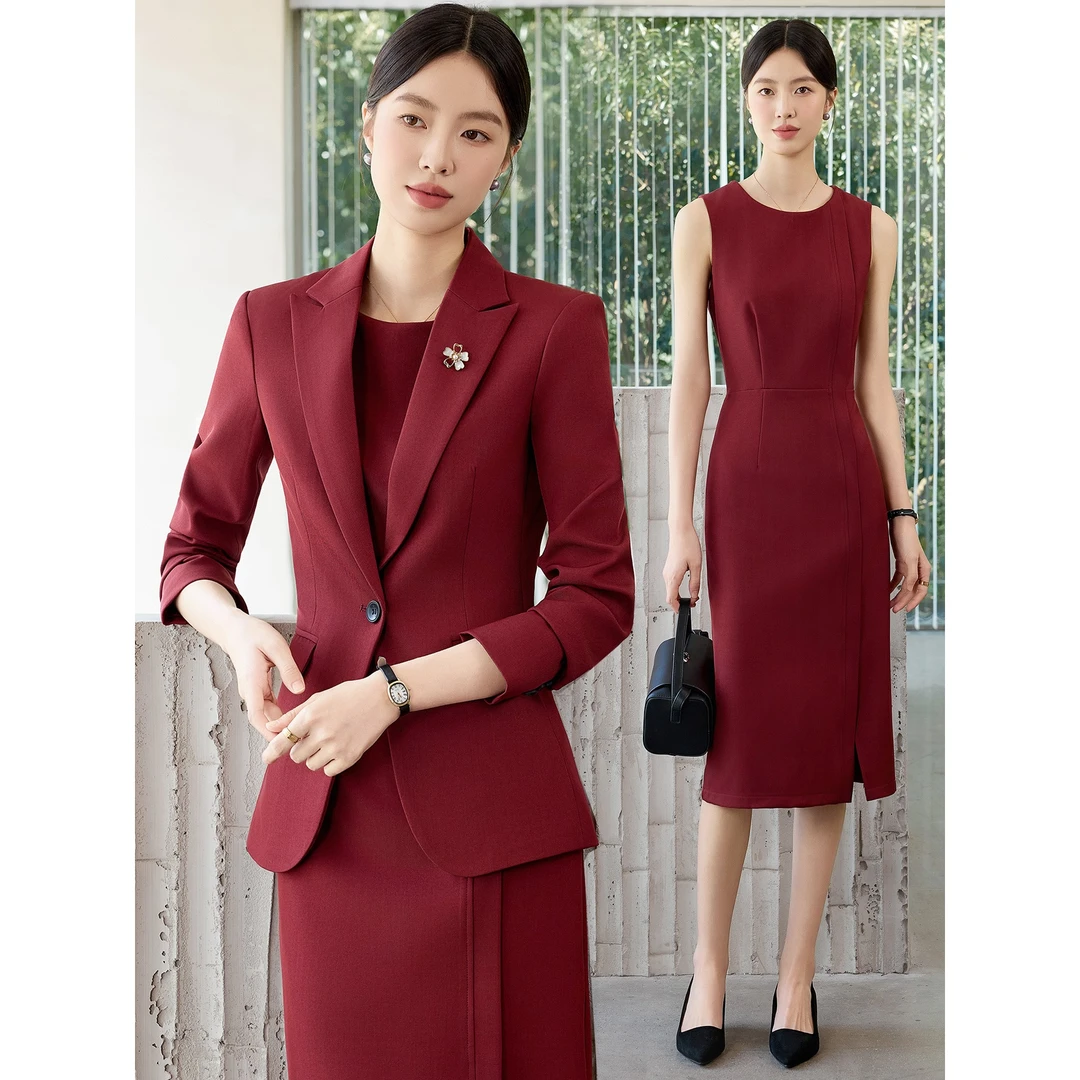 酒红色西装套装女春秋季2025新款气质修身连衣裙西服外套职业正装