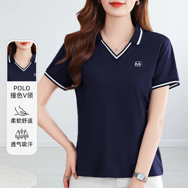 2025夏季新款正肩polo小V领短袖t恤衫撞色螺纹拼接字母刺绣上衣女