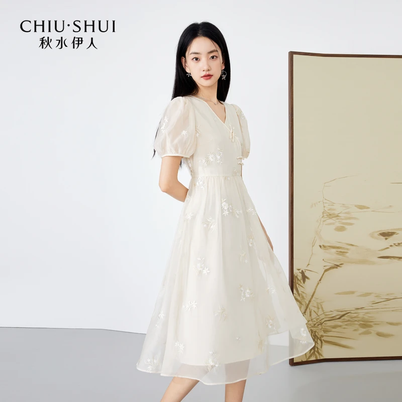 【直播】秋水伊人V领斜襟新中式雪纺连衣裙新款女装623205B020500