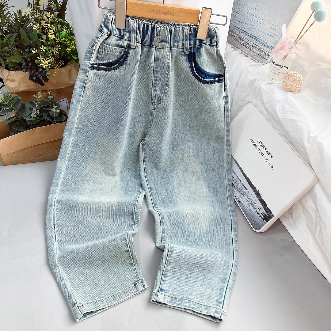 泡泡噜童装儿童牛仔裤字母款蓝色休闲百搭