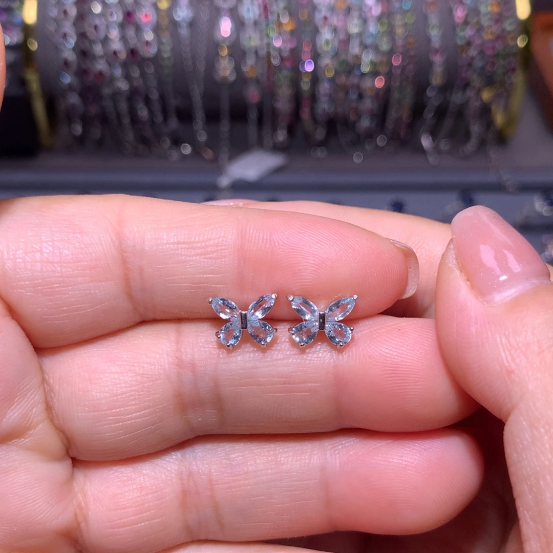 海蓝宝石耳钉银S925镶嵌