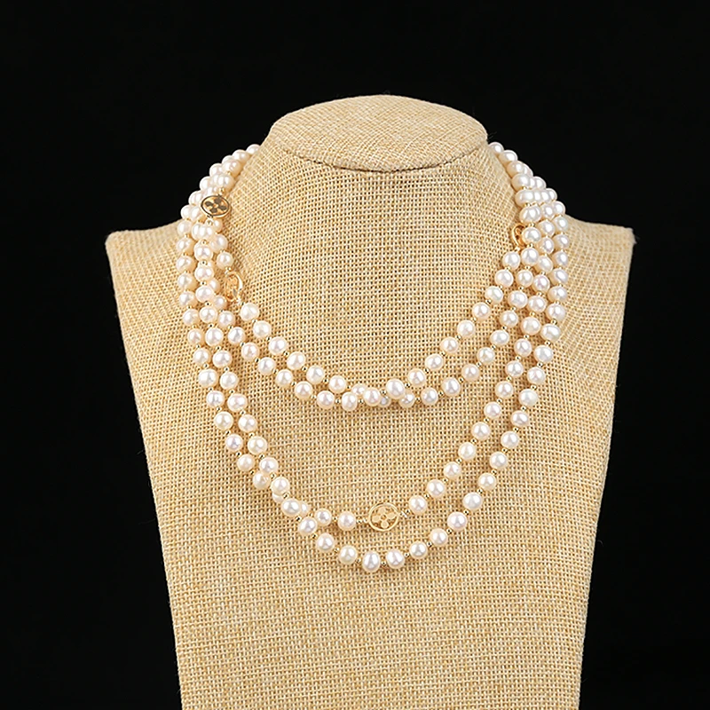星澜三层珍珠项链毛衣链时尚白色手工长款多层金色