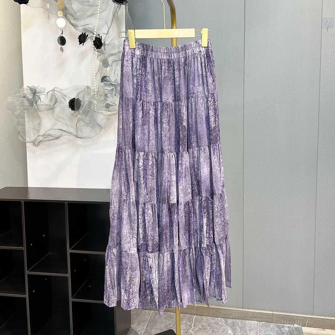 Q3575 新款紫色流光半身女夏满天星压褶中长款大摆A日单半身裙