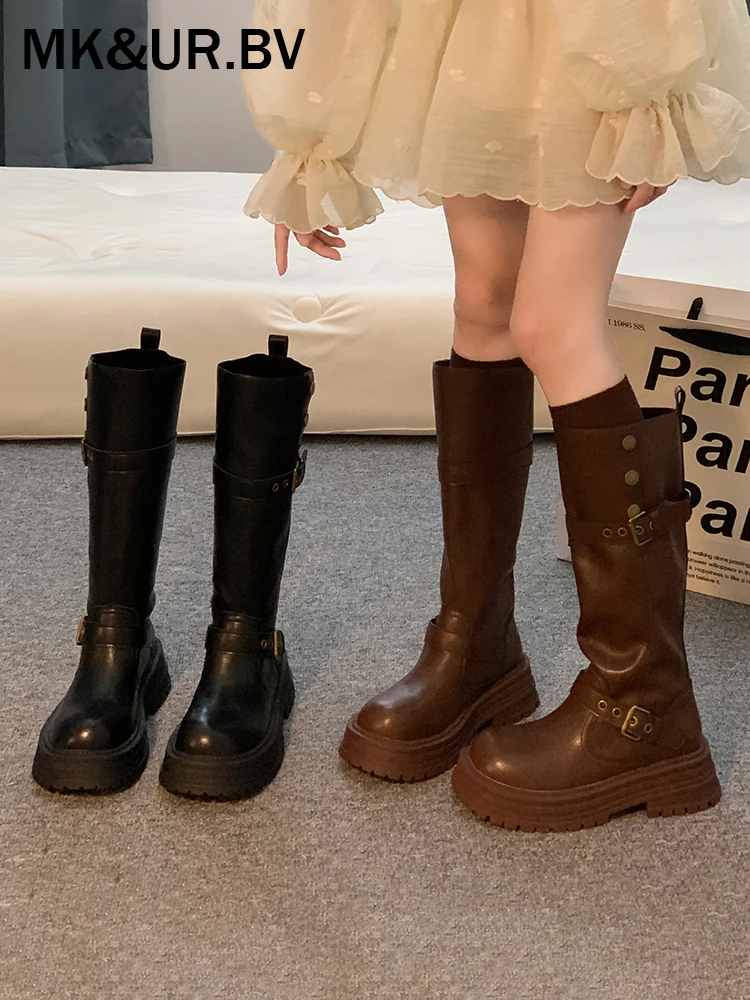 MK&UR.BV长筒靴女2025新款秋冬季高筒靴子美拉德骑士靴厚底马丁靴