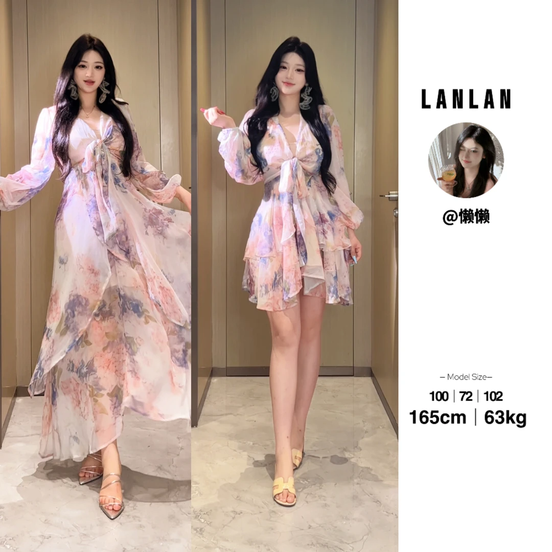 Lanlan-【兰紫梦境】法式印花v领温柔风收腰显瘦连衣裙气质夏季