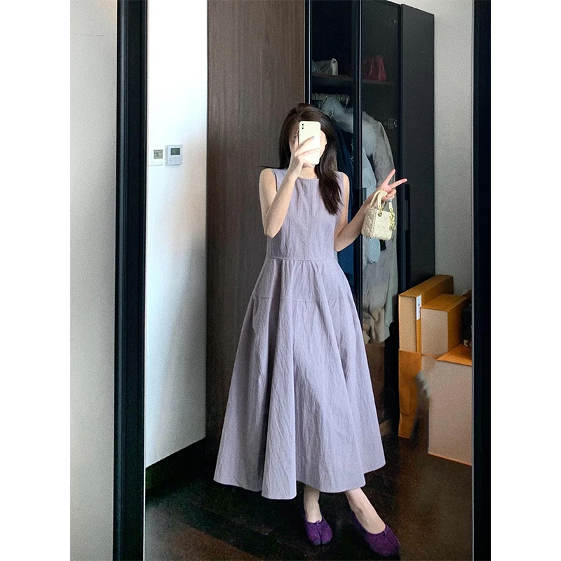 parkyeon夏季新款紫色无袖背心连衣裙女温柔风时尚气质简约长裙子