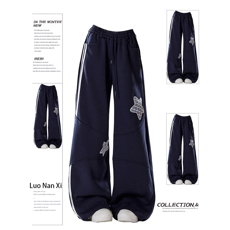 特大码美式星星贴布卫裤女秋季新款胖mm宽松显瘦阔腿休闲运动裤子