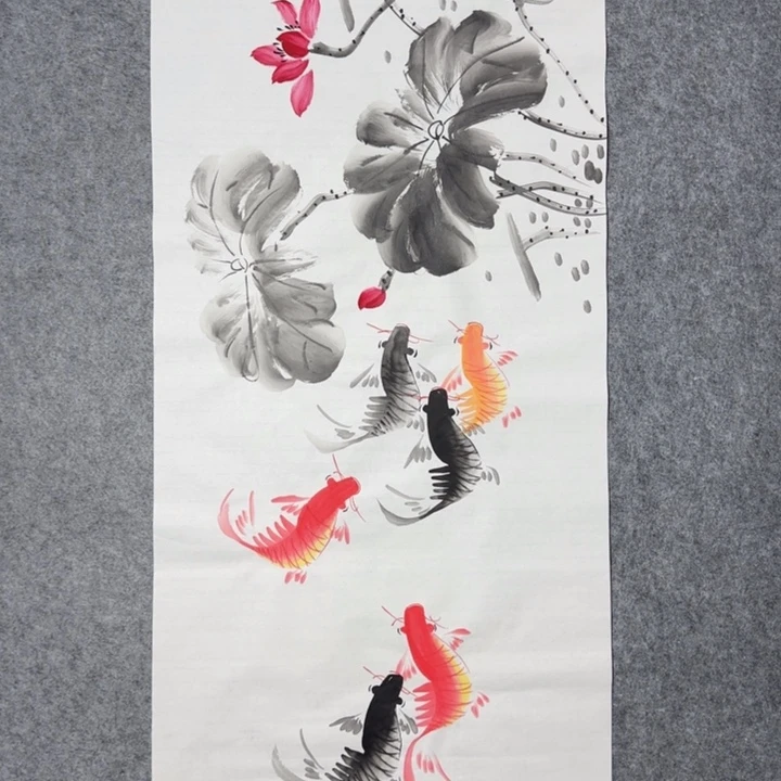 国画手绘国风荷花鱼图