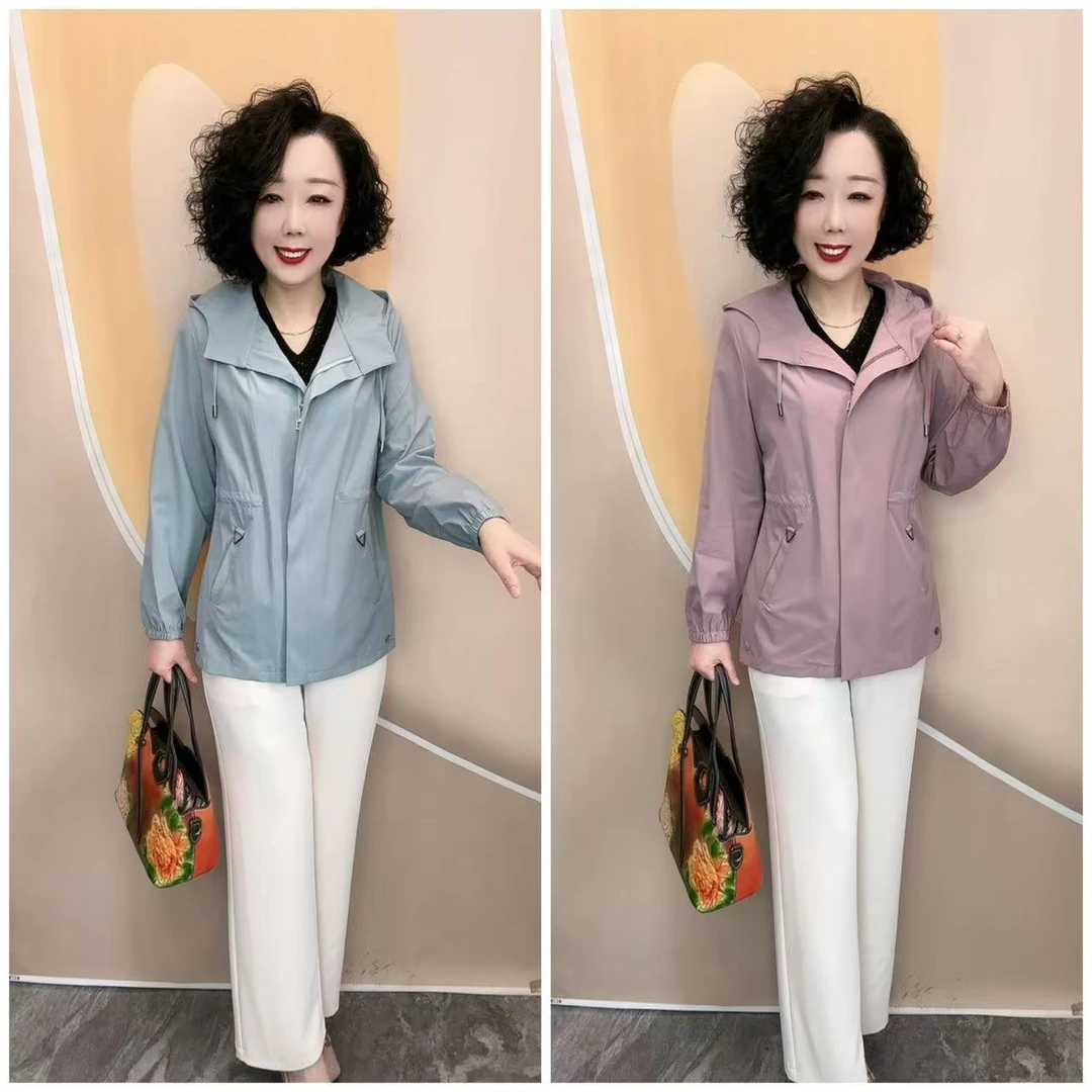 0326新款薄款单层连帽宽松大码百搭小风衣外套，衣长70