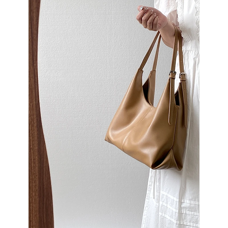 149【双肩带杏】百搭文艺职业通勤托特包大容量软皮手提单肩包