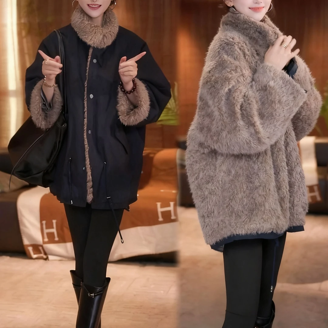 双面双穿毛毛立领加厚保暖中长款2025秋冬韩版时尚宽松遮肉短外套