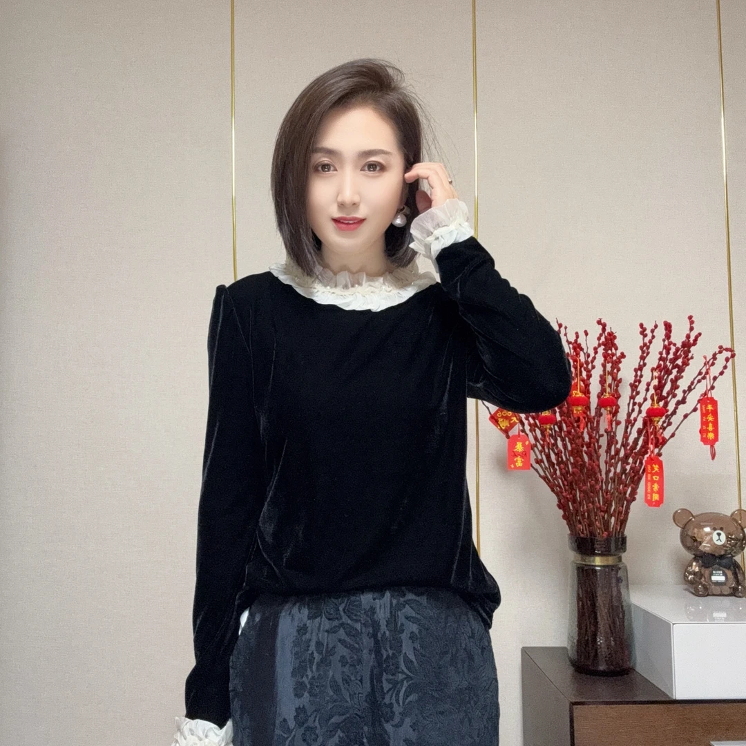 秋冬法式丝绒花边蕾丝拼接长袖衬衫女复古修身显瘦百搭上衣8326