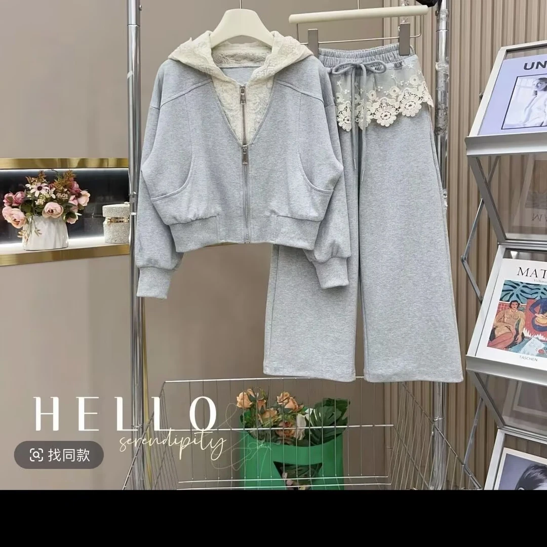 春秋女童2025新款中大童女孩开春卫衣外套儿童春装蕾丝运动套装潮