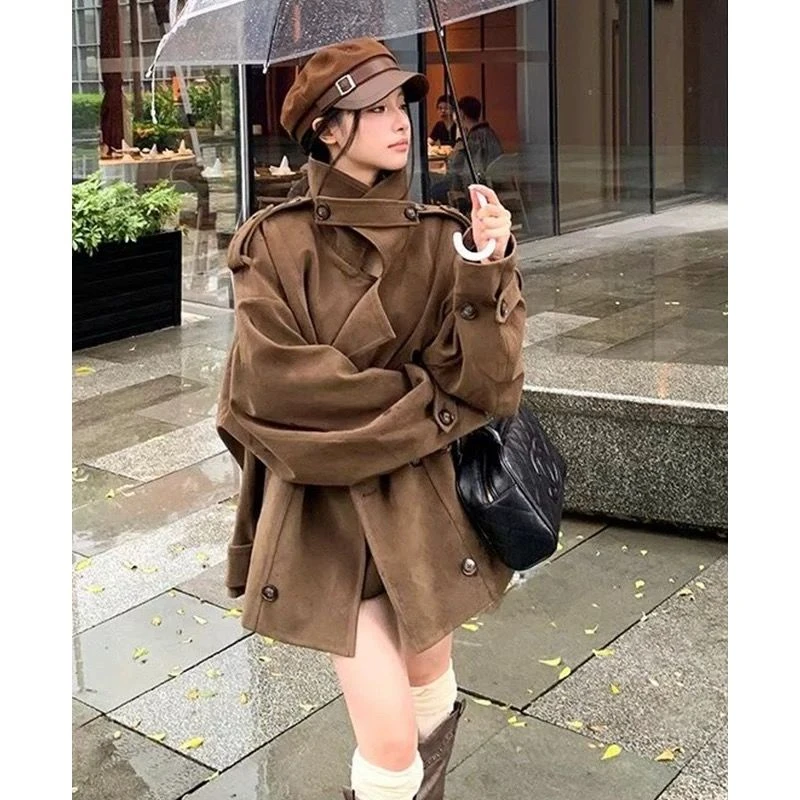 宽松型欧美风厚款秋季立领风衣春秋时尚森系新复古风