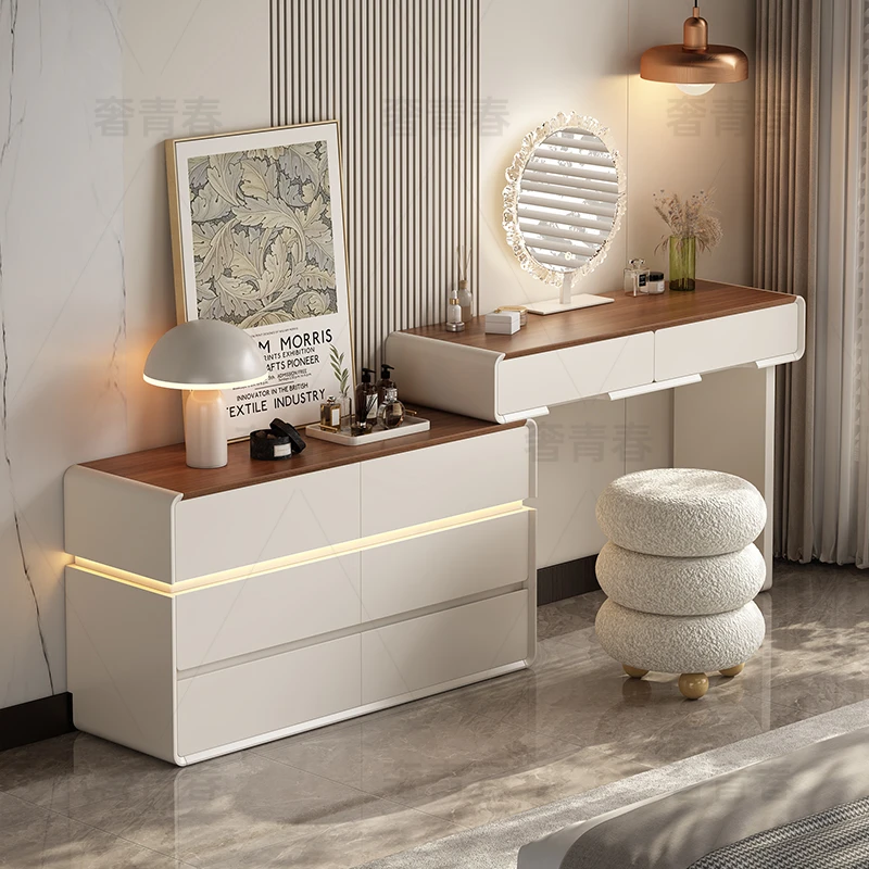 【年终狂欢季】实木烤漆梳妆台床位柜可伸缩现代简约奶油风斗柜收纳
