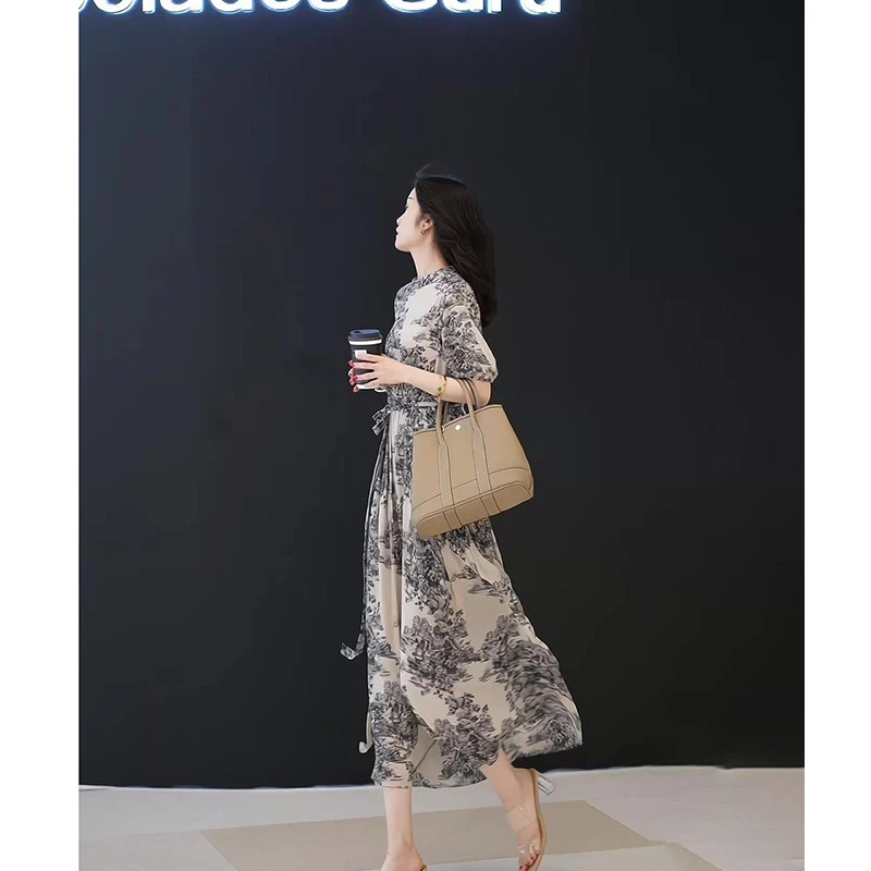 复古中国风水墨画连衣裙女新款气质复古名媛微胖碎花长裙子4690