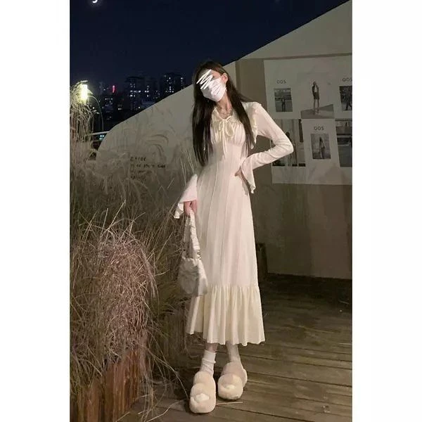 修身御姐感荷叶边长袖连衣裙女秋冬新款绑带学院风气质长裙女