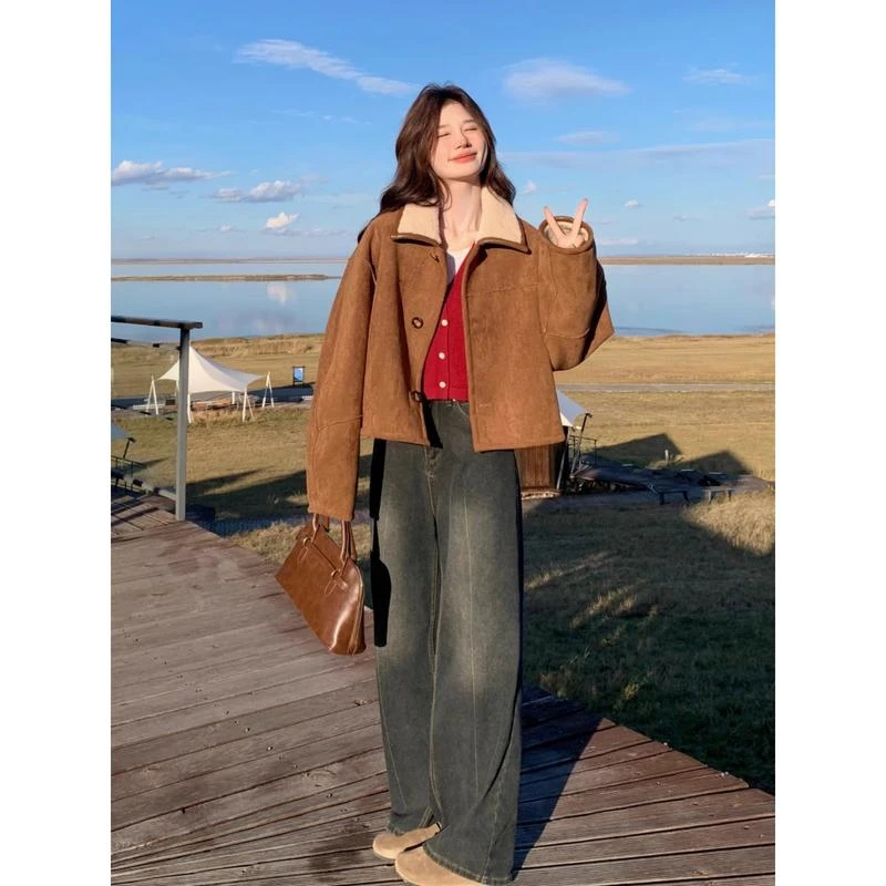 皮毛一体羊羔绒外套2025女小个子帅气时尚气质加厚短款麂皮绒上衣