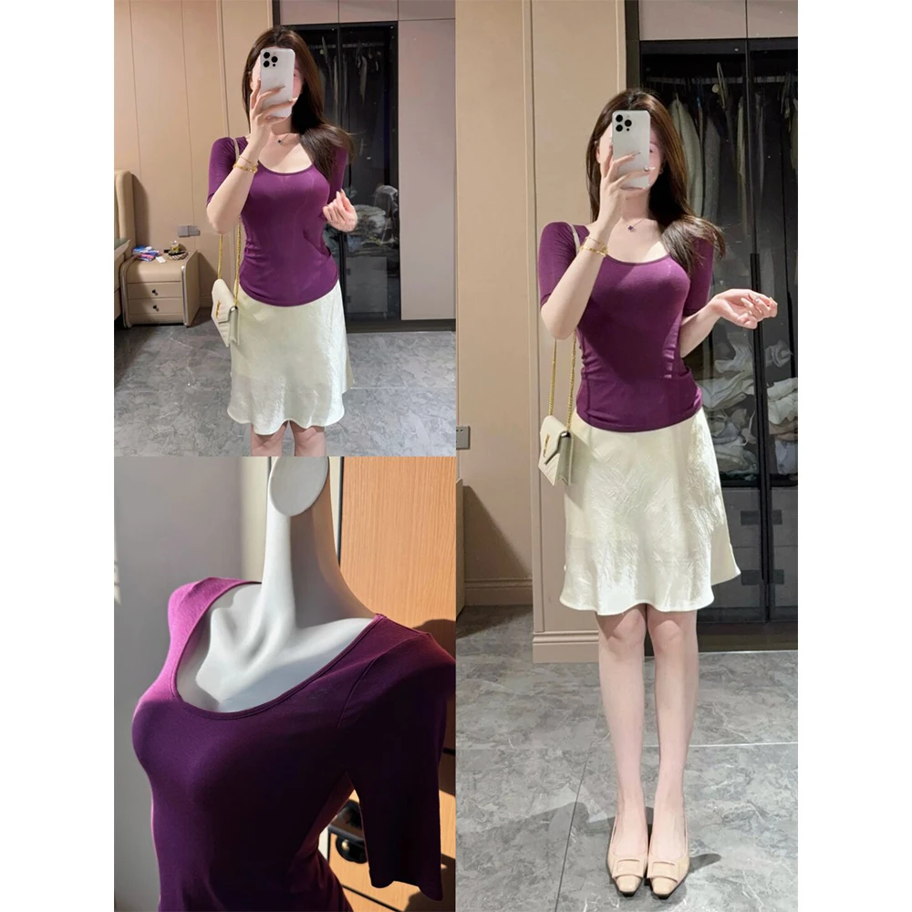 法式气质紫色大U领正肩中袖T恤女夏季轻芭蕾风极简显瘦修身上衣薄