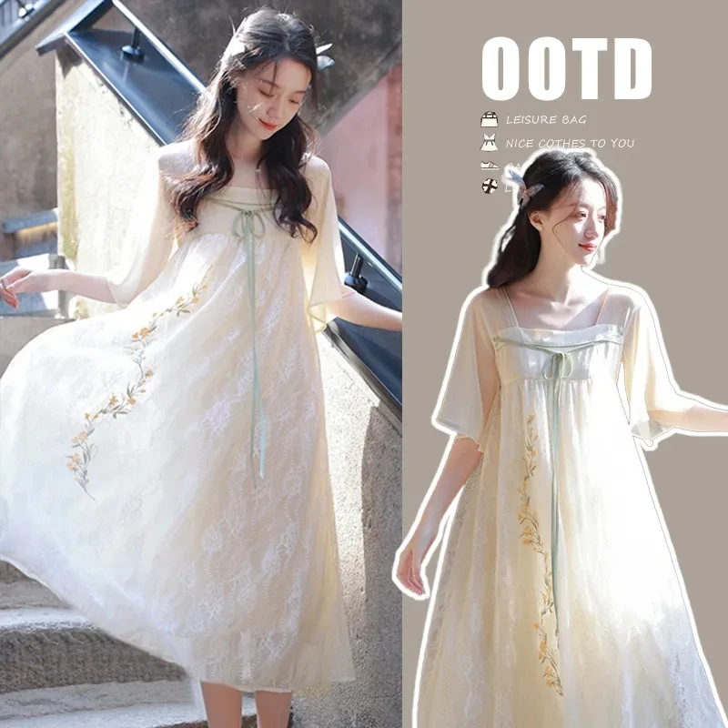 蝴蝶裙孕妇夏季新款国风气质连衣裙显瘦刺绣蕾丝汉服中长款孕妇裙