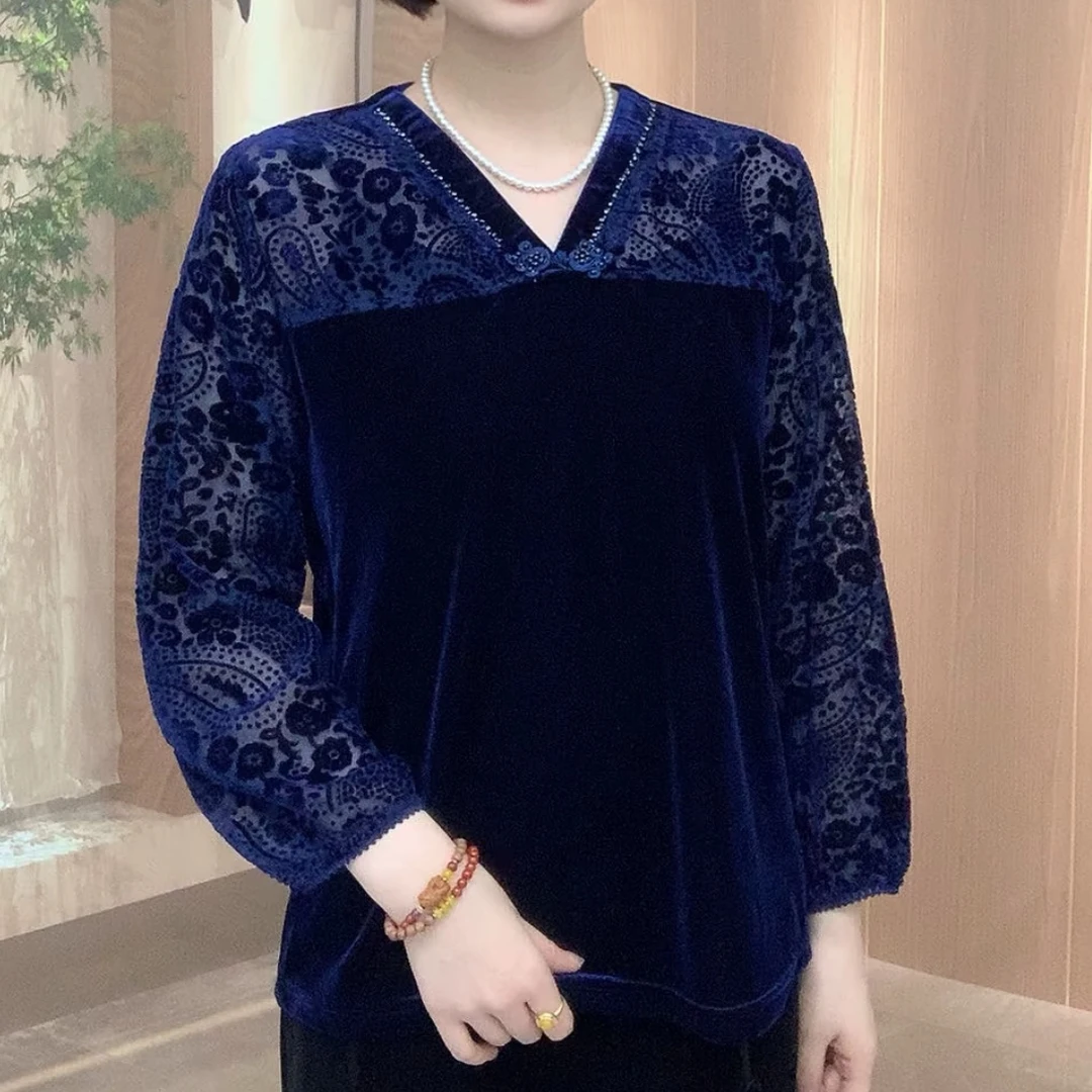 高端新款V领宽松拼色金丝绒烧花洋气妈妈上衣气质百搭时尚长袖