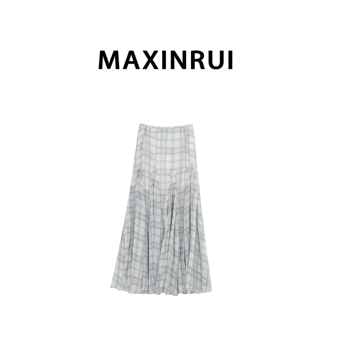 MAXINRUI 不规则格子鱼尾修饰身形显瘦微透网纱半身裙RRL2543
