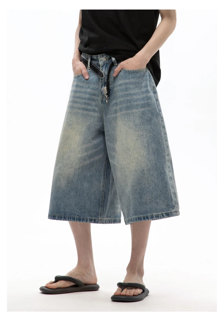 男道美式复古水洗做旧牛仔短裤男2025夏季cleanfi宽松直筒七分裤