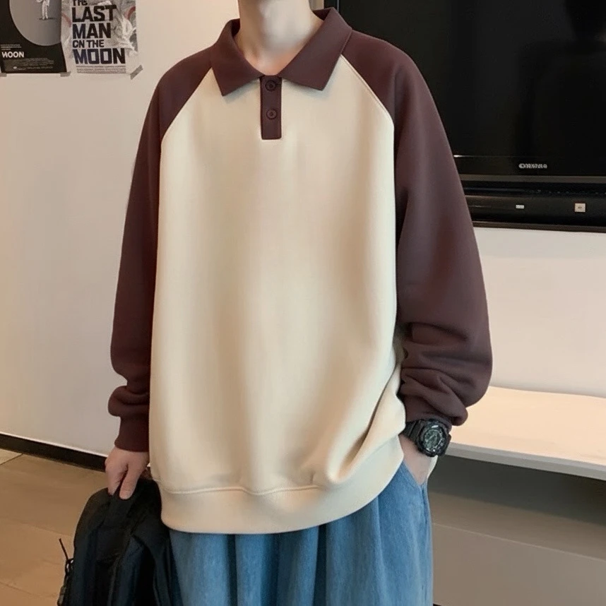 潮牌美式polo衫拼色卫衣男生大码宽松长袖上衣春秋百搭套头打底衫